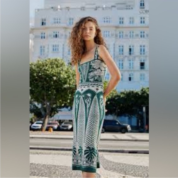 FARM Rio Dresses & Skirts - 🦜FARM Rio Macaw Elegance Green & Cream Botanical Knit Bodycon Midi Dress